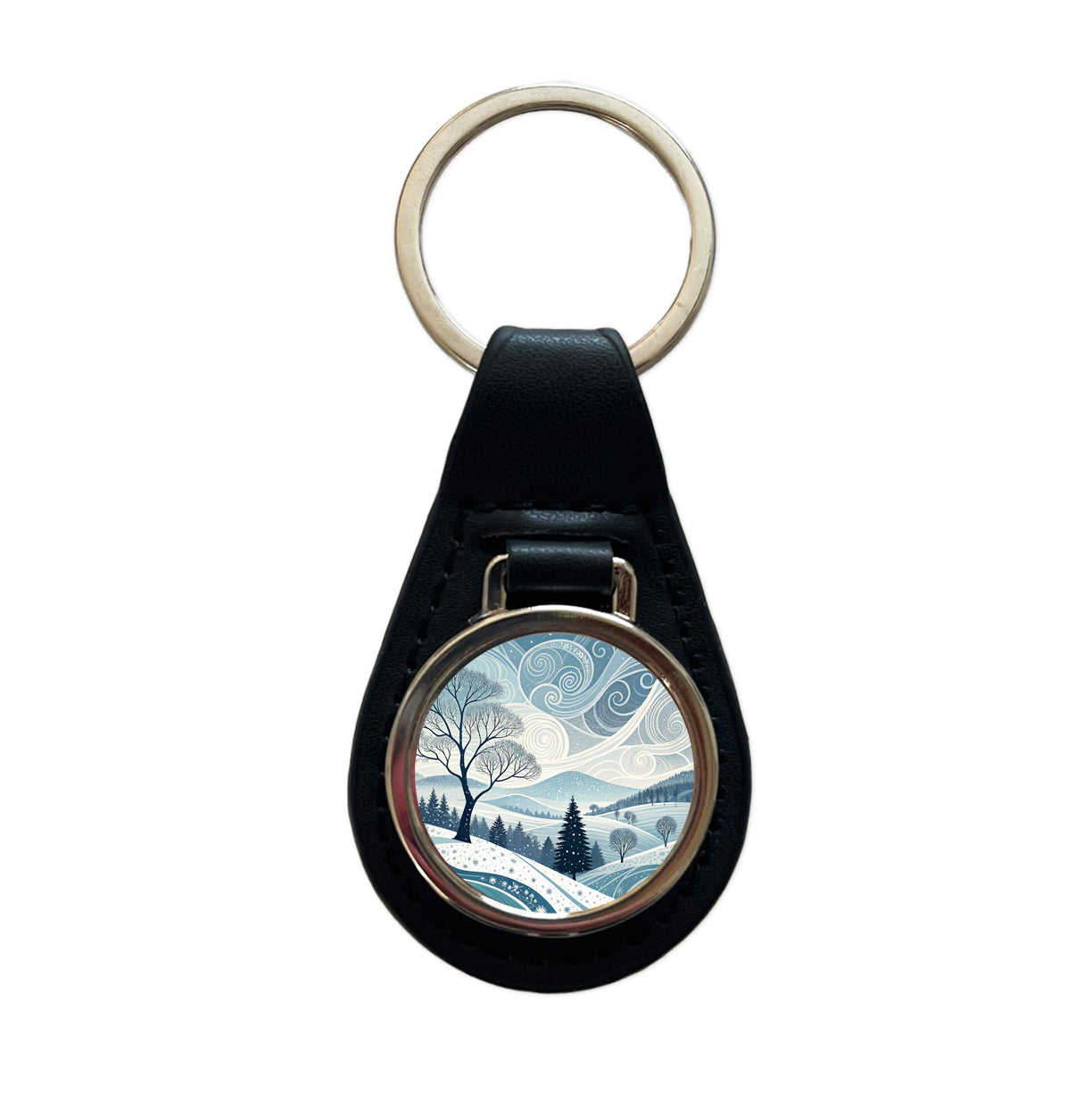 Abstract Winter Landscape Black Leather Metal Keychain