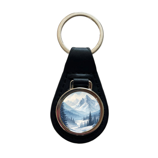 Abstract Winter Mountains Landscape Black Leather Metal Keychain