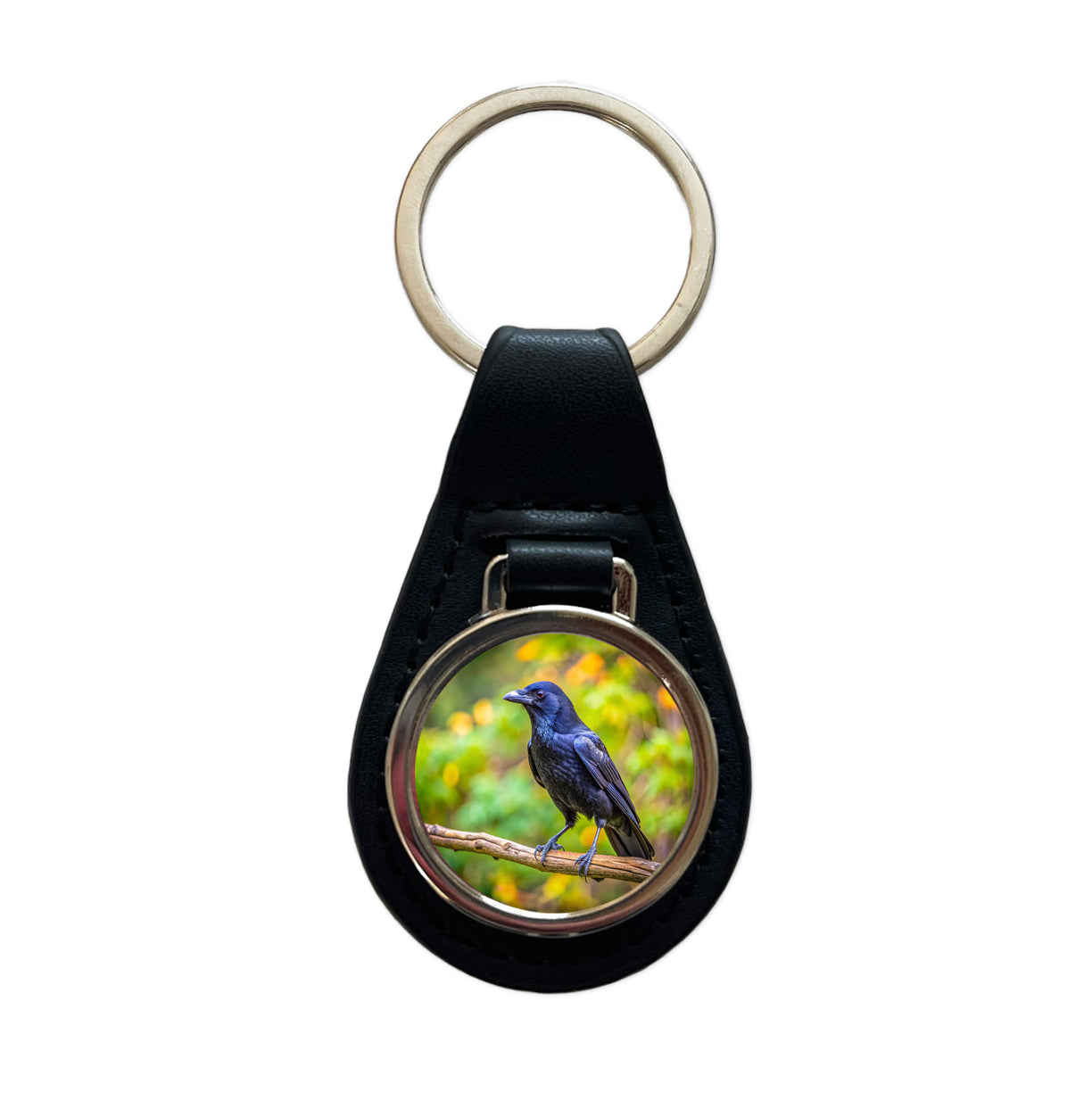 American Black Crow Backyard Bird Black Leather Metal Keychain