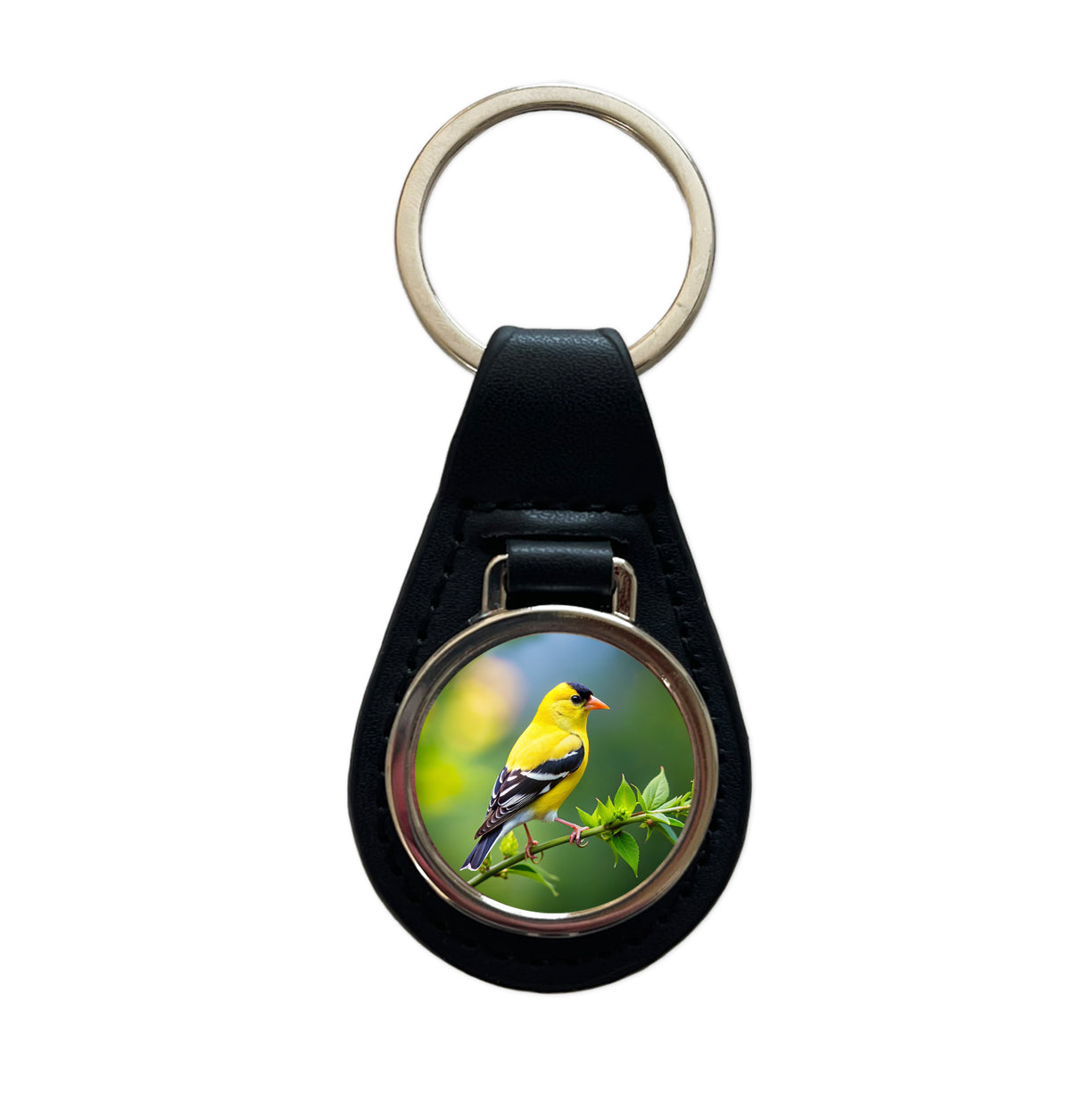 American Goldfinch Backyard Bird Black Leather Metal Keychain