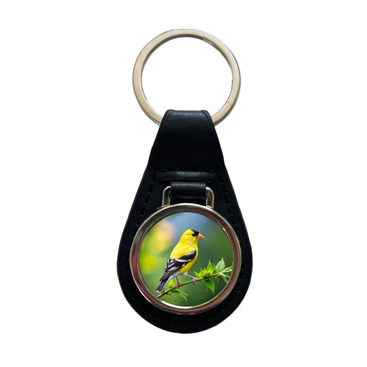 American Goldfinch Backyard Bird Black Leather Metal Keychain