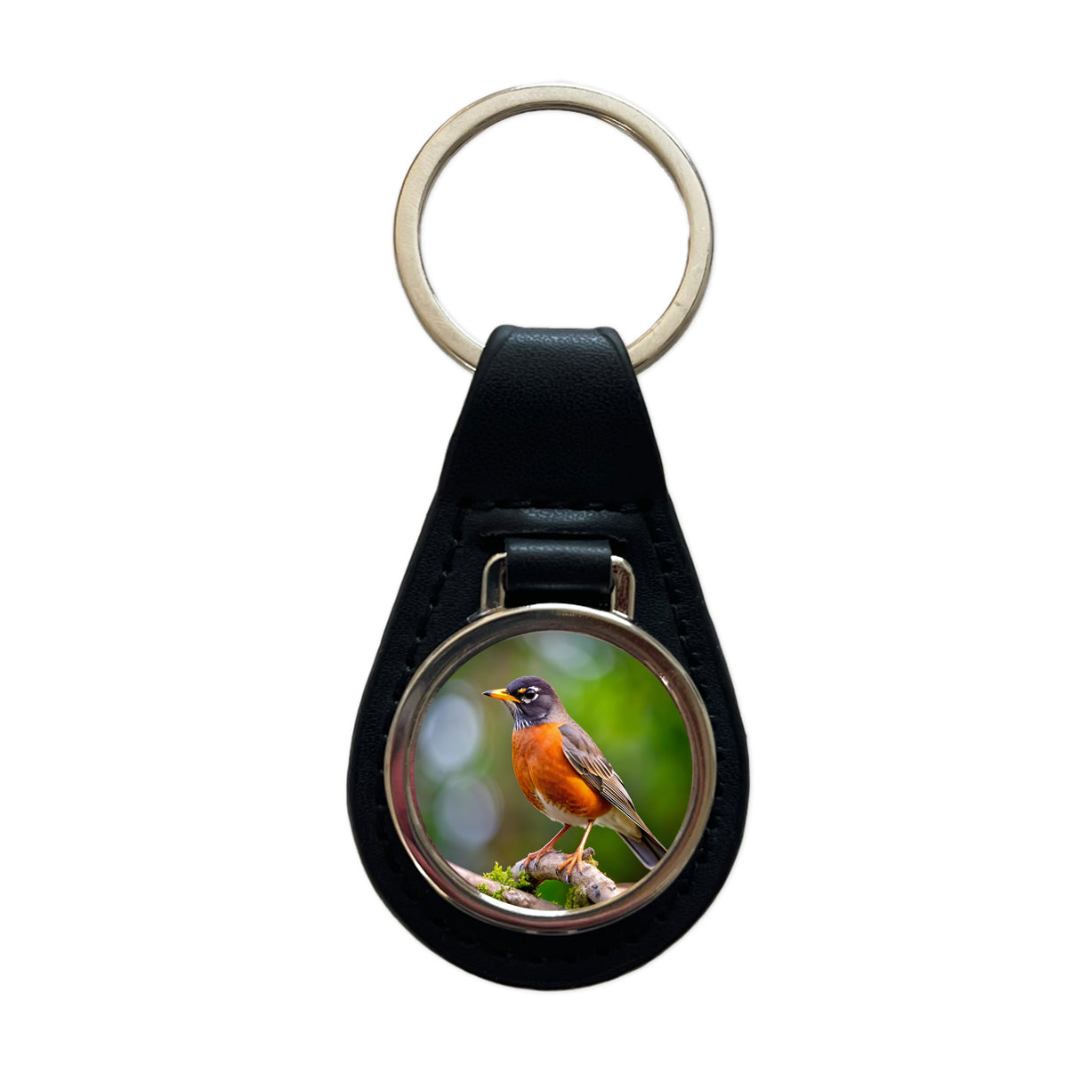 American Robin Backyard Bird Black Leather Metal Keychain