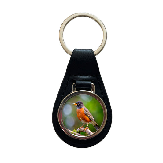 American Robin Backyard Bird Black Leather Metal Keychain