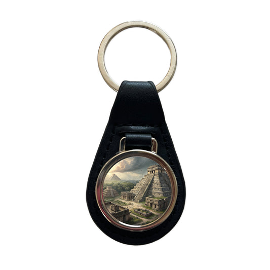 Ancient Maya Temples Step Pyramids Black Leather Metal Keychain