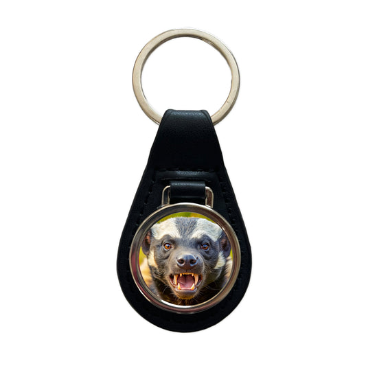 Angry Honey Badger Black Leather Metal Keychain