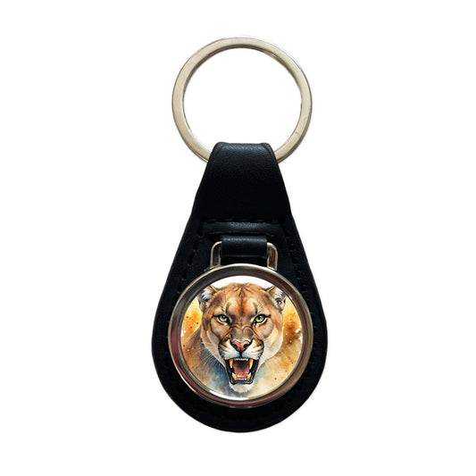 Angry Mountain Lion Cougar Watercolor Black Leather Metal Keychain
