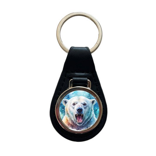 Angry Polar Bear Watercolor Black Leather Metal Keychain