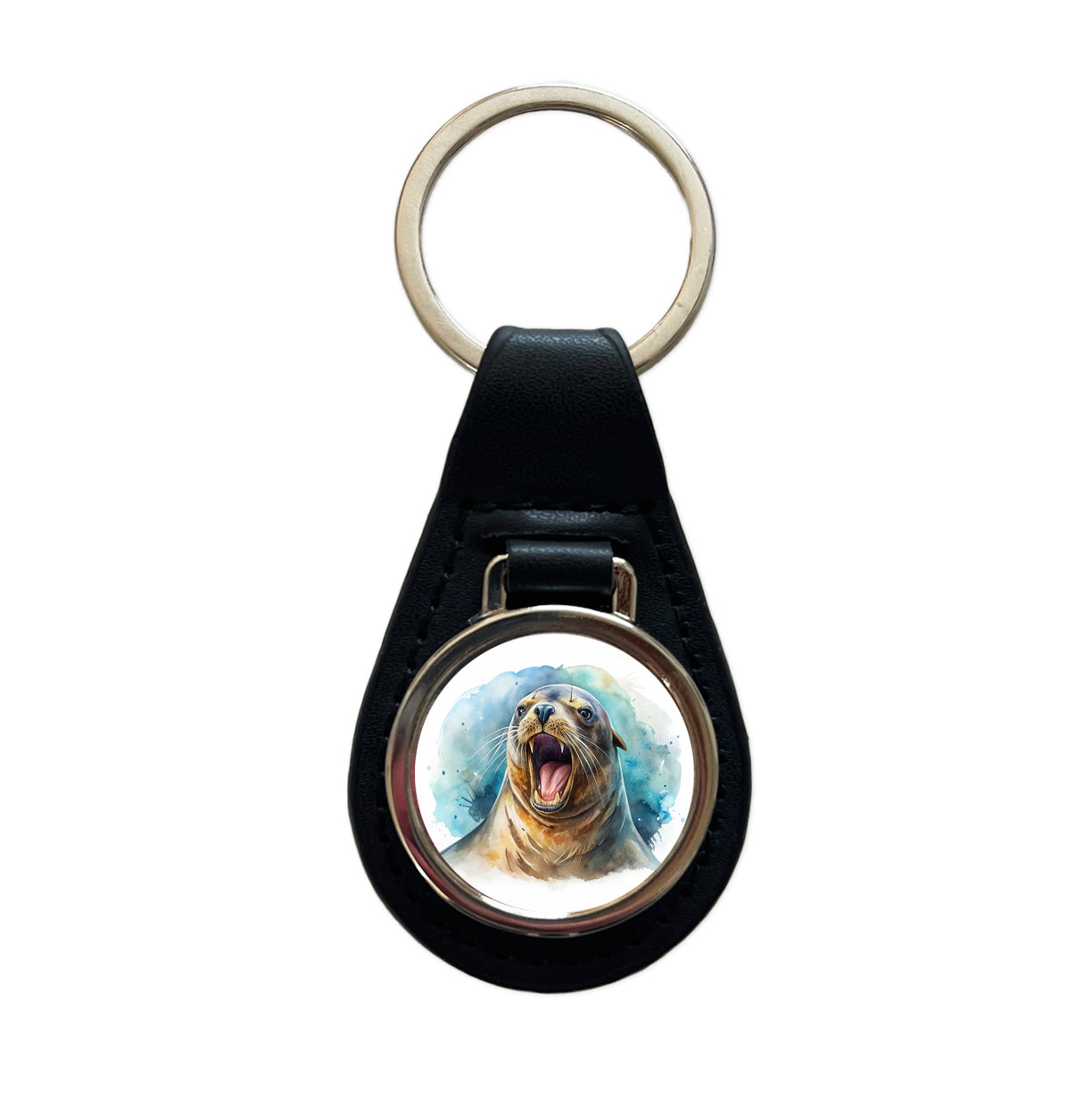 Angry Sea Lion Watercolor Black Leather Metal Keychain