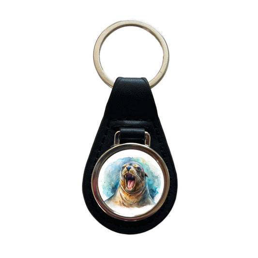 Angry Sea Lion Watercolor Black Leather Metal Keychain