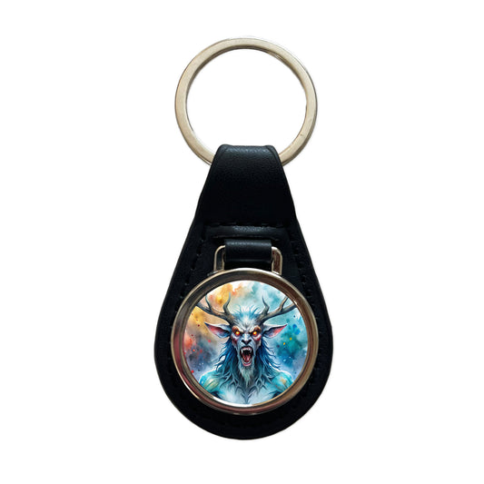 Angry Wendigo Algonquian Folklore Monster Watercolor Black Leather Metal Keychain
