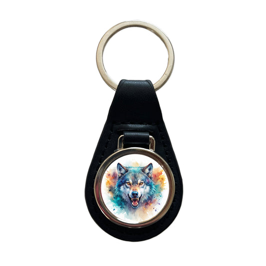 Angry Wolf Watercolor Black Leather Metal Keychain