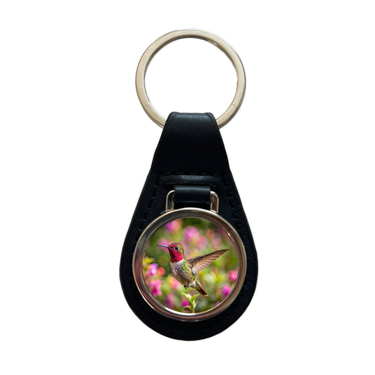 Anna's Hummingbird Backyard Bird Black Leather Metal Keychain
