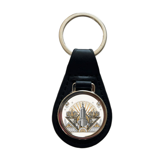 Art Deco Building Architectural Design Black Leather Metal Keychain