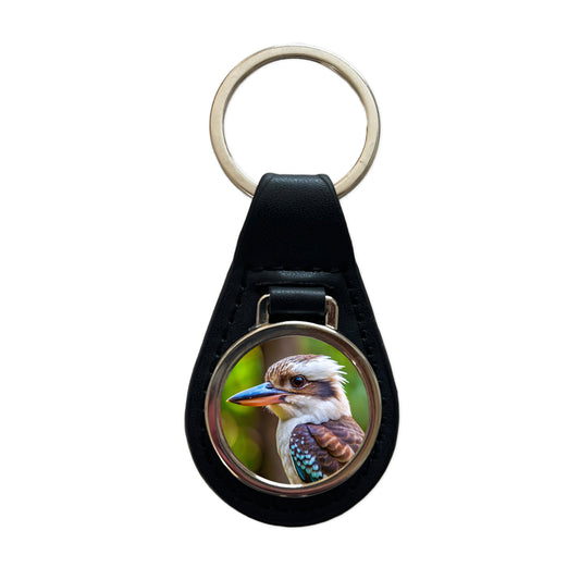 Australian Kookaburra Bird Black Leather Metal Keychain