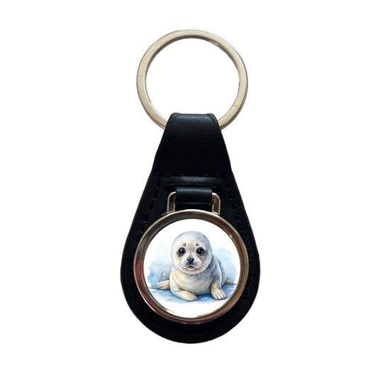 Baby Harp Seal Watercolor Black Leather Metal Keychain