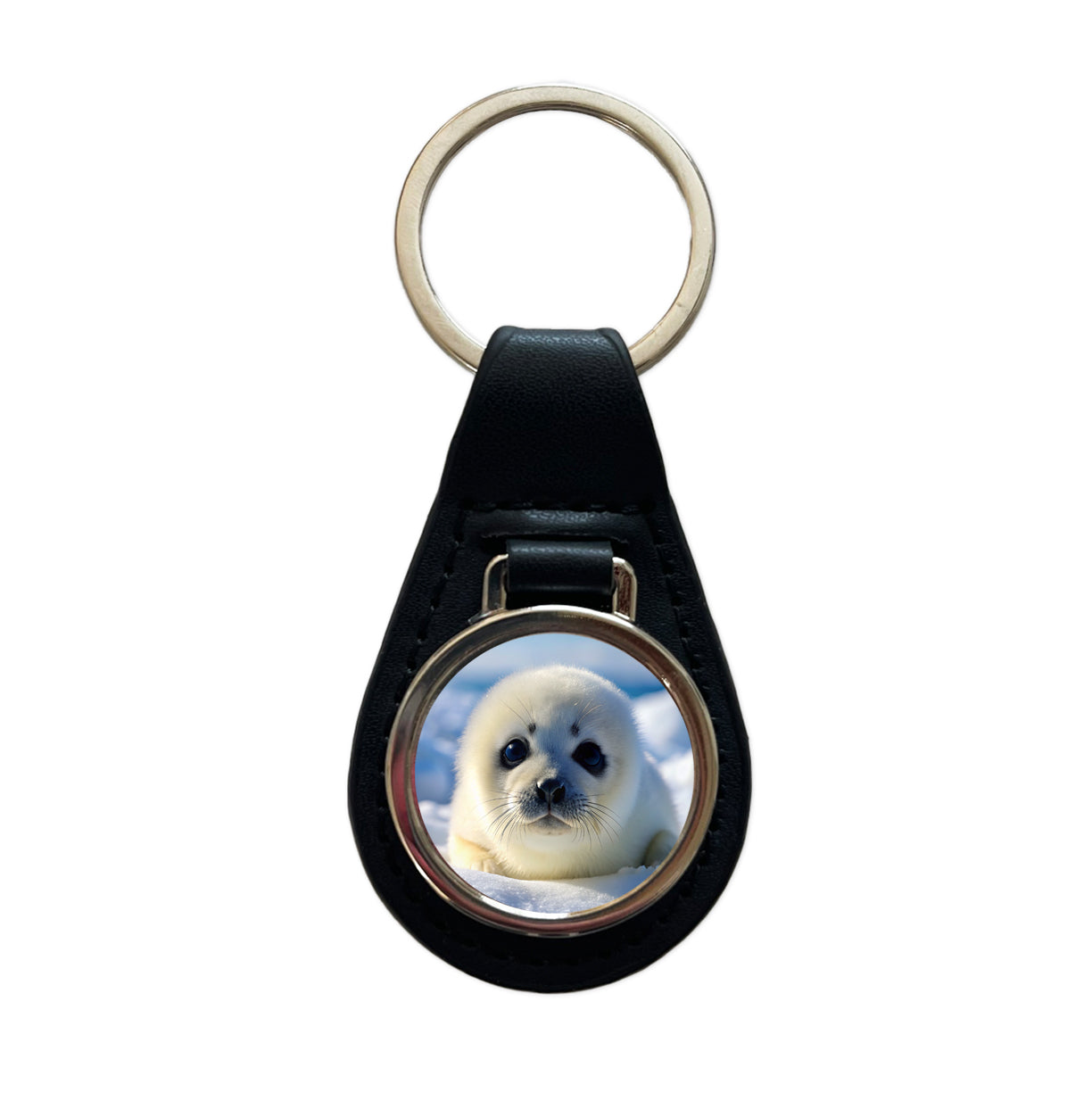 Baby Harp Seal Black Leather Metal Keychain