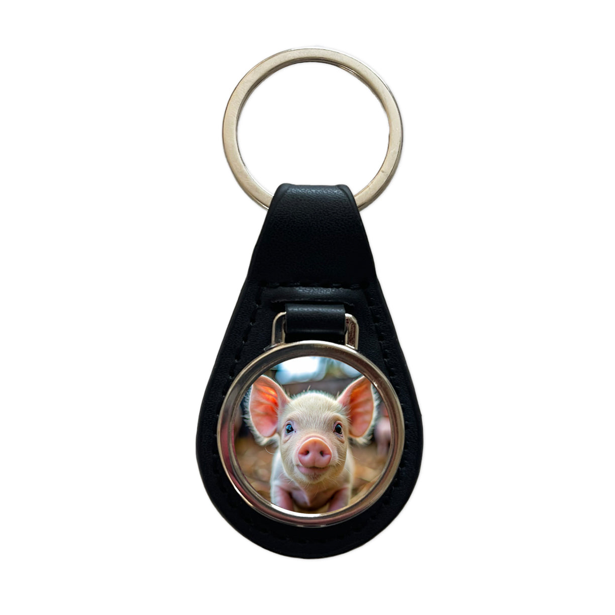 Baby Pig Face Black Leather Metal Keychain
