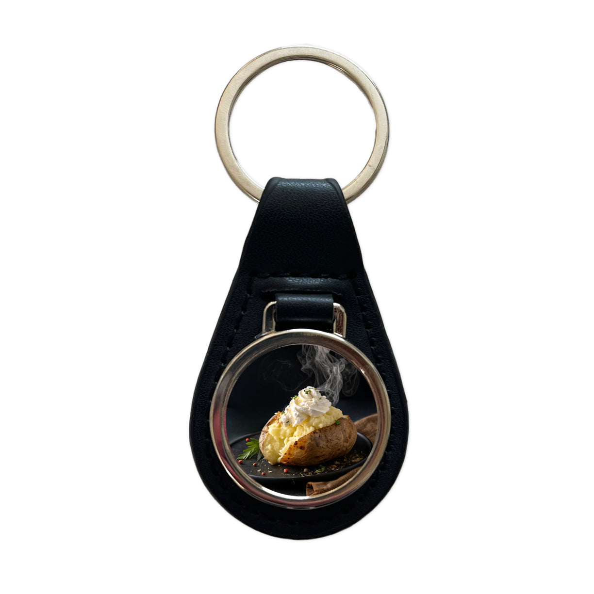 Baked Potato Black Leather Metal Keychain