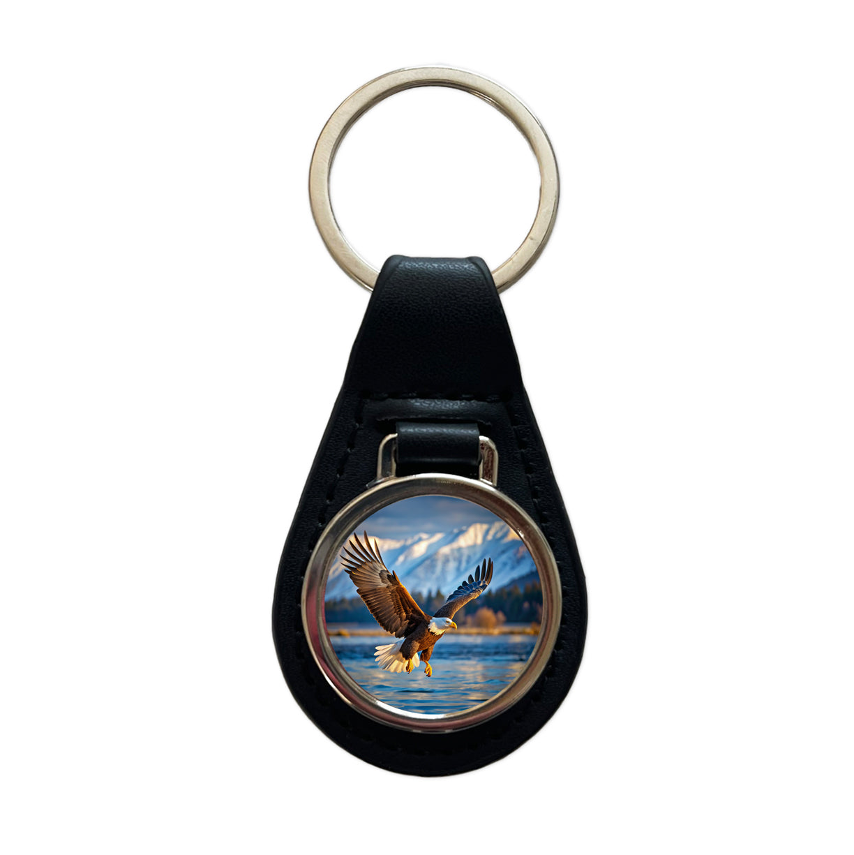 Bald Eagle Flying Raptor Bird Of Prey Black Leather Metal Keychain