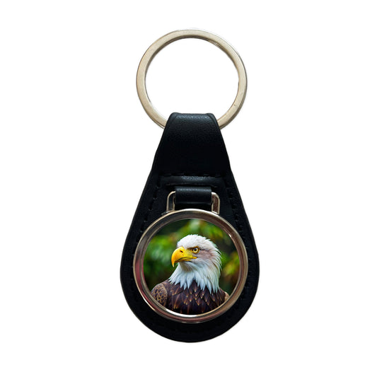 Bald Eagle Raptor Bird Of Prey Black Leather Metal Keychain