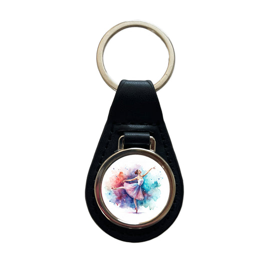 Ballet Dancer Watercolor Black Leather Metal Keychain