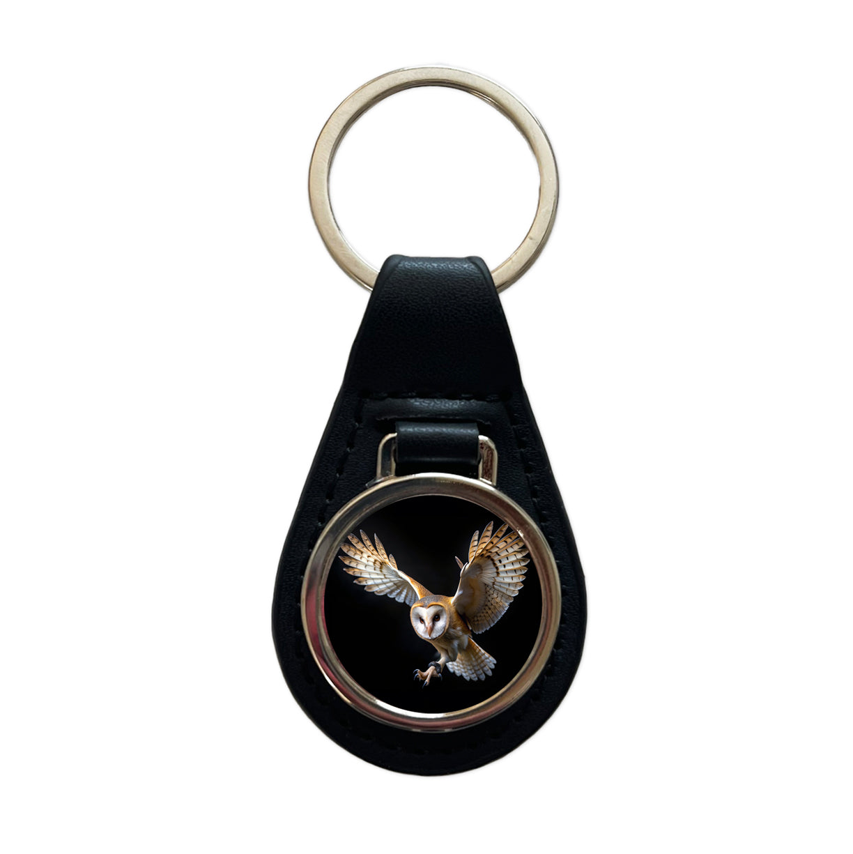 Barn Owl Flying Raptor Bird Of Prey Black Leather Metal Keychain