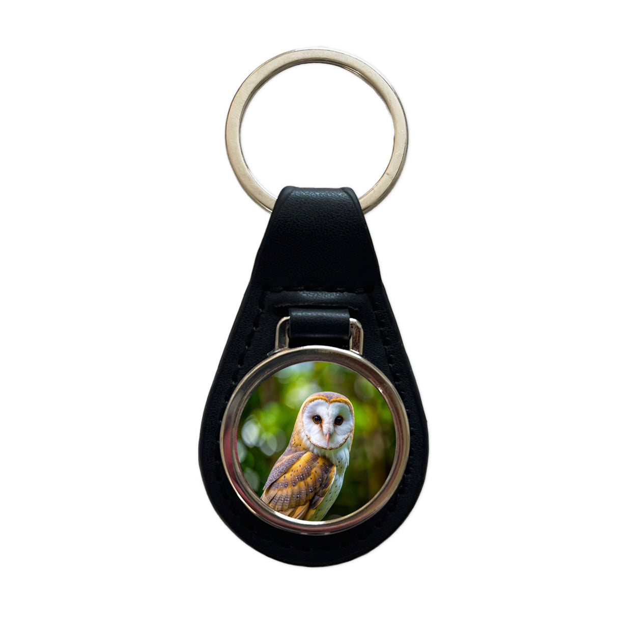 Barn Owl Raptor Bird Of Prey Black Leather Metal Keychain