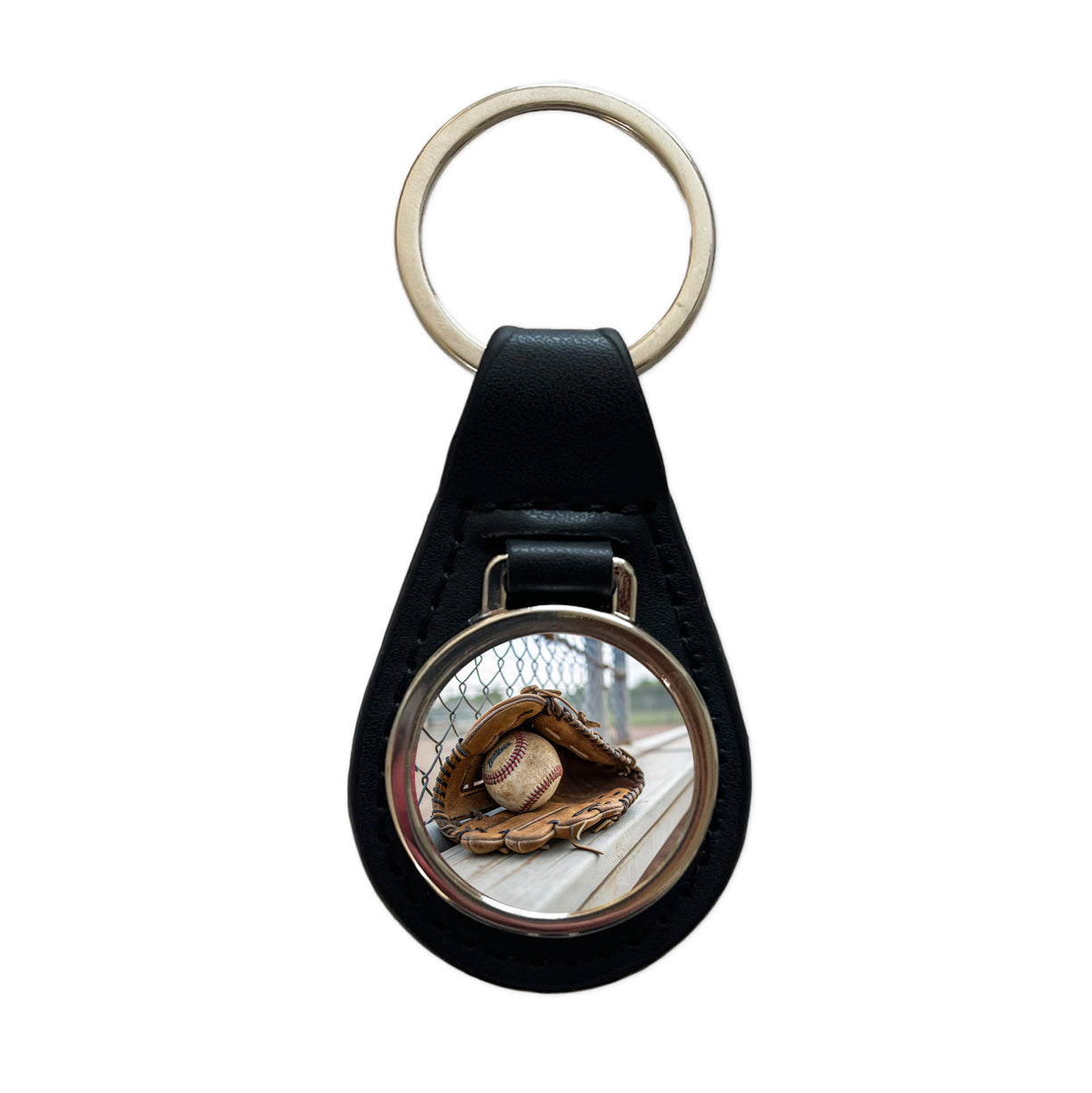 Baseball Glove With Baseball on Dugout Bench Black Leather Metal Keychain