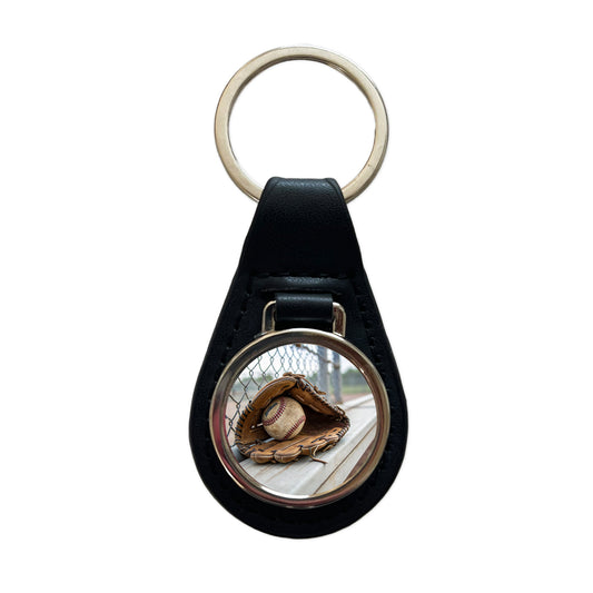 Baseball Glove With Baseball on Dugout Bench Black Leather Metal Keychain