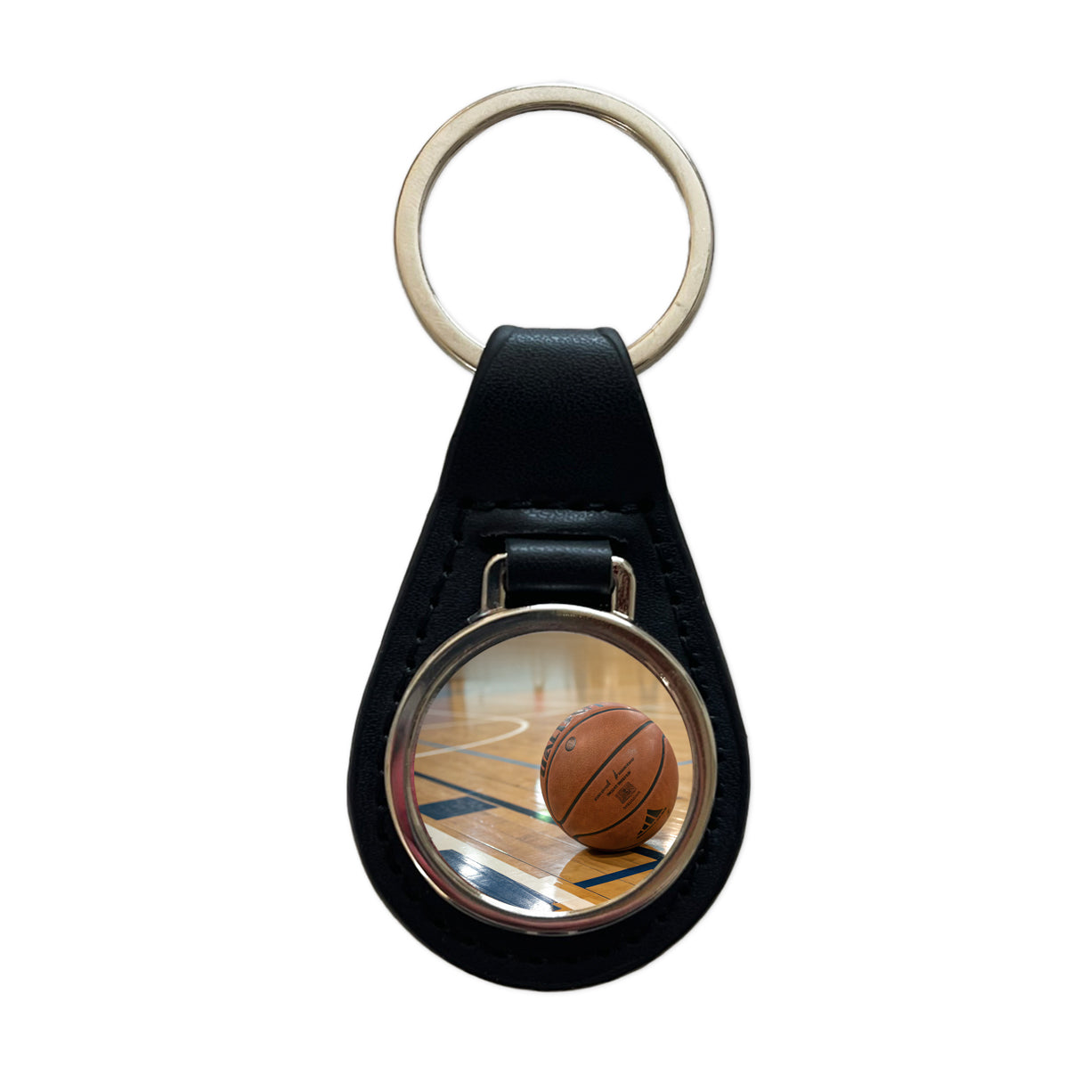 Basketball on Court Black Leather Metal Keychain