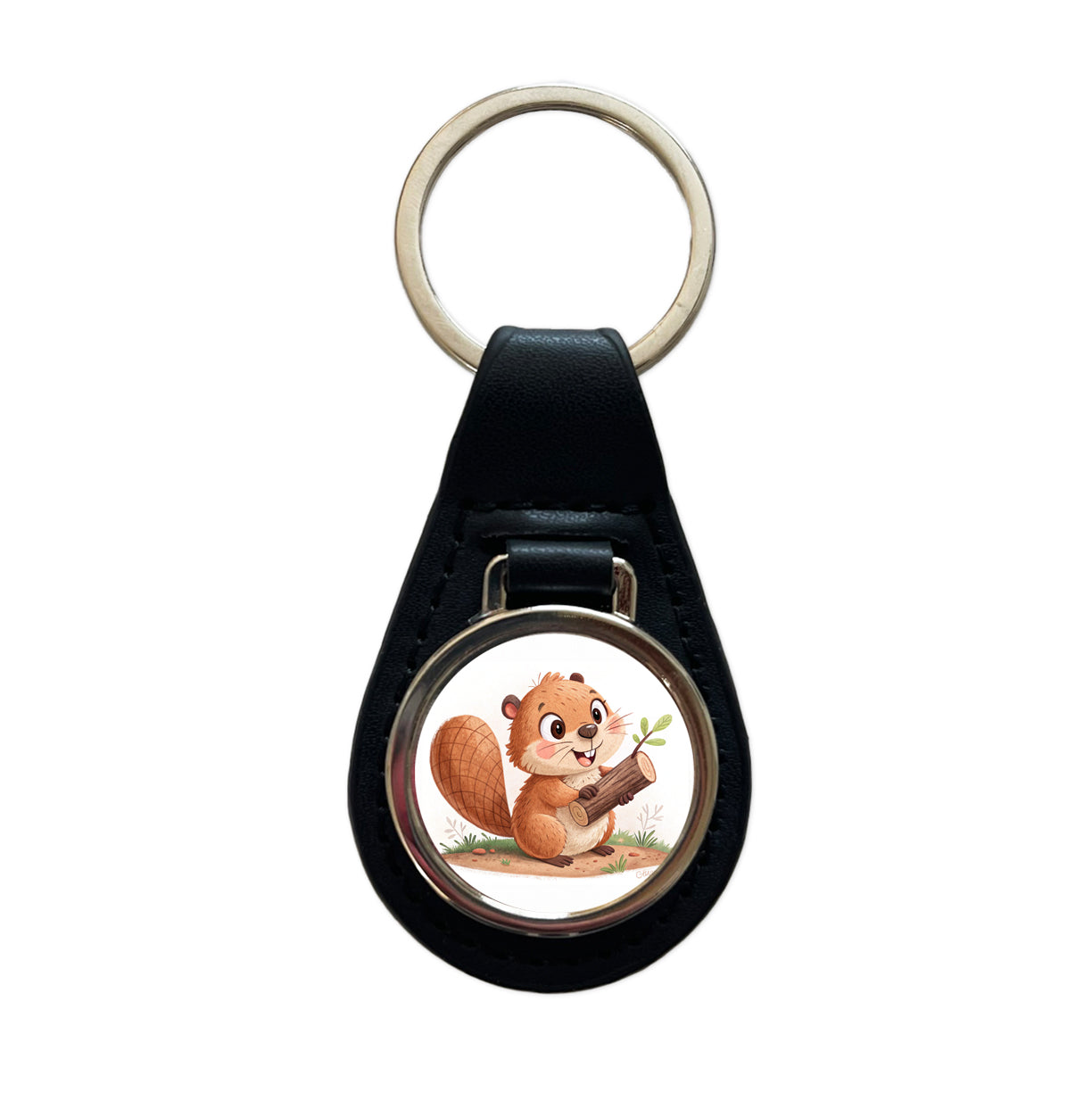 Beaver Children's Illustration Style Black Leather Metal Keychain