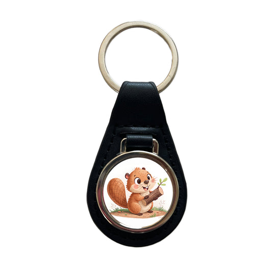 Beaver Children's Illustration Style Black Leather Metal Keychain