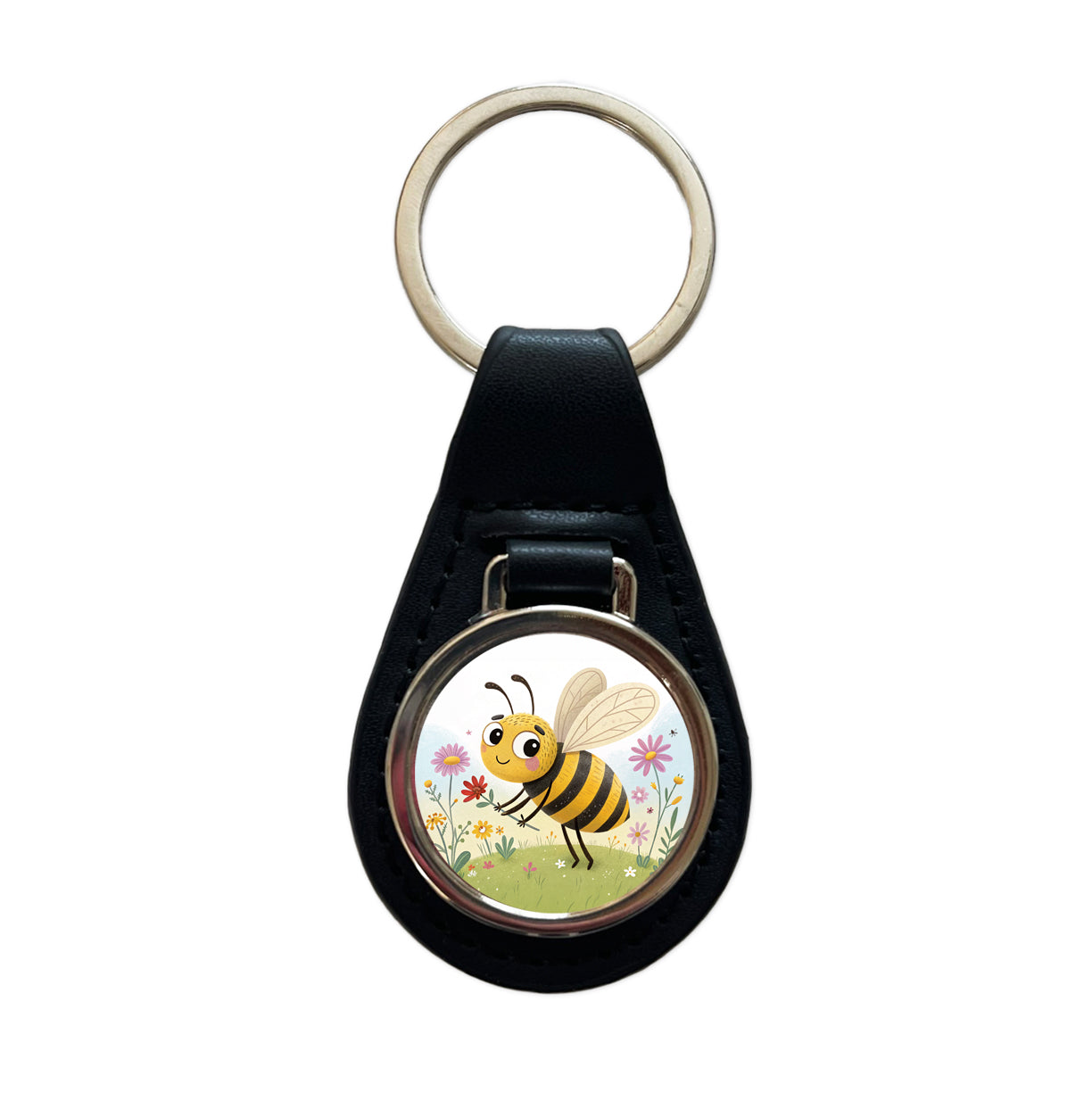 Bee Children's Illustration Style Black Leather Metal Keychain