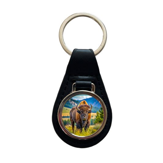 Bison Buffalo Black Leather Metal Keychain