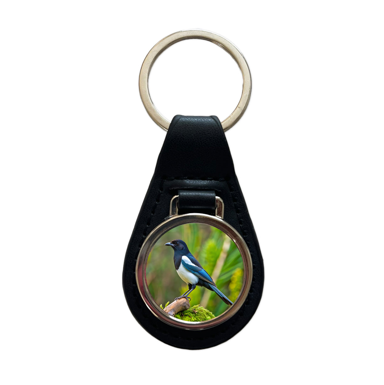 Black Billed Magpie Backyard Bird Black Leather Metal Keychain