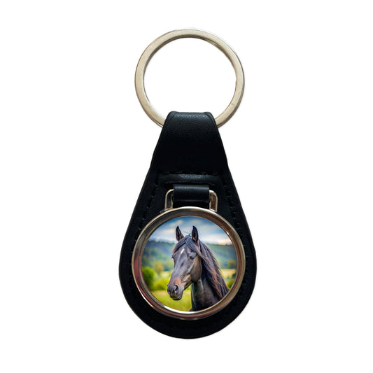 Black Horse Face Black Leather Metal Keychain