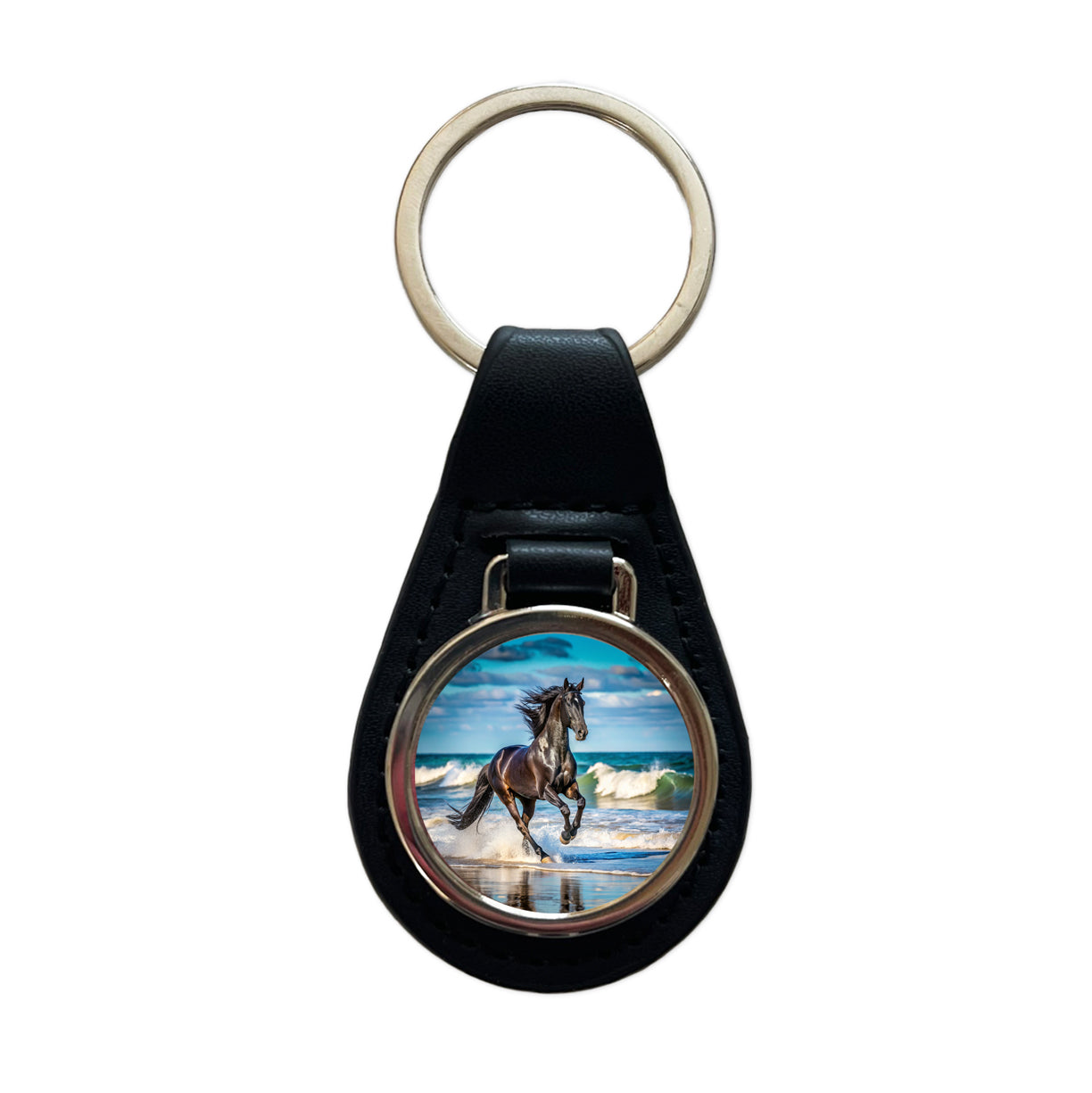 Black Horse Stallion Galloping On The Beach Black Leather Metal Keychain