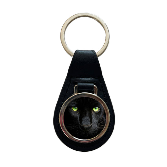 Black Panther Eyes Black Leather Metal Keychain