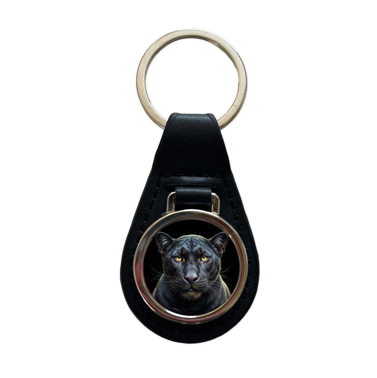Black Panther Face Art Black Leather Metal Keychain