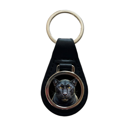 Black Panther Face Art Black Leather Metal Keychain