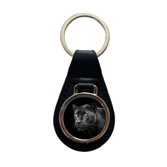 Black Panther Face Black Leather Metal Keychain