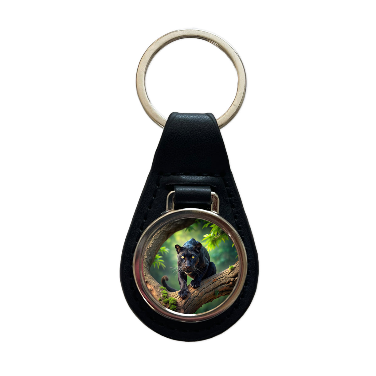 Black Panther on Branch Black Leather Metal Keychain