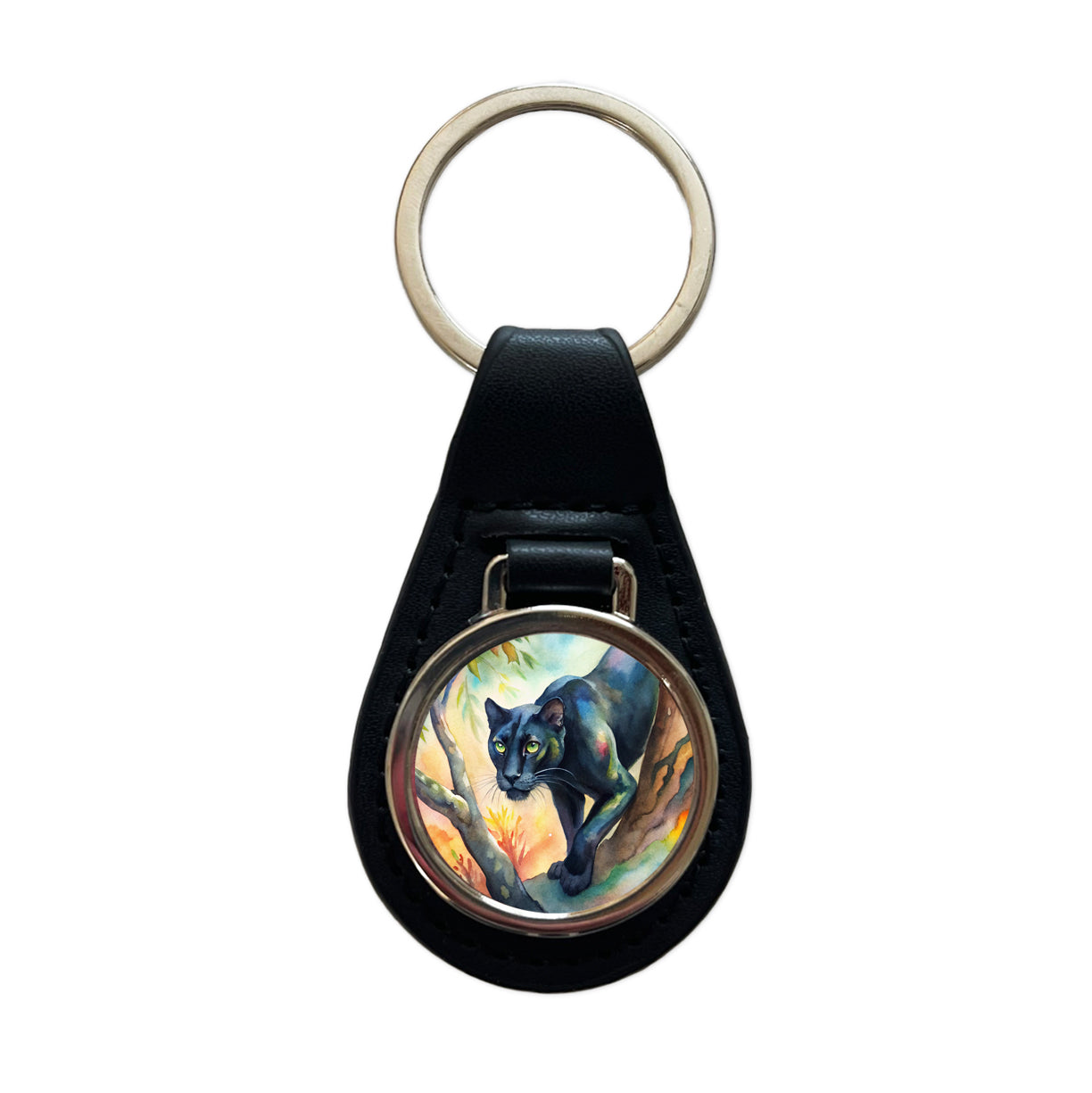 Black Panther Stalking Prey Watercolor Black Leather Metal Keychain