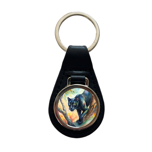 Black Panther Stalking Prey Watercolor Black Leather Metal Keychain
