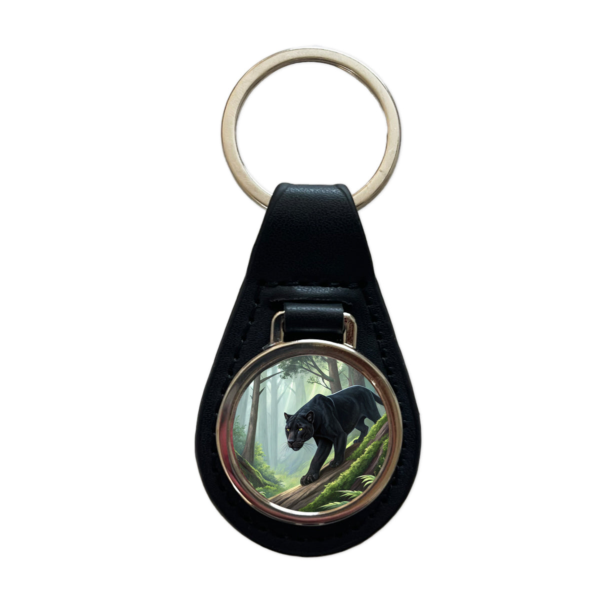Black Panther Stalking Prey Black Leather Metal Keychain