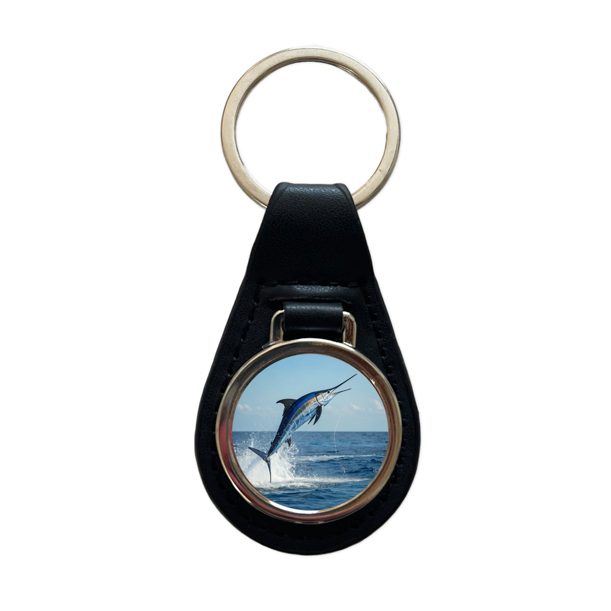 Blue Marlin Fish Leaping Out Of Water Black Leather Metal Keychain