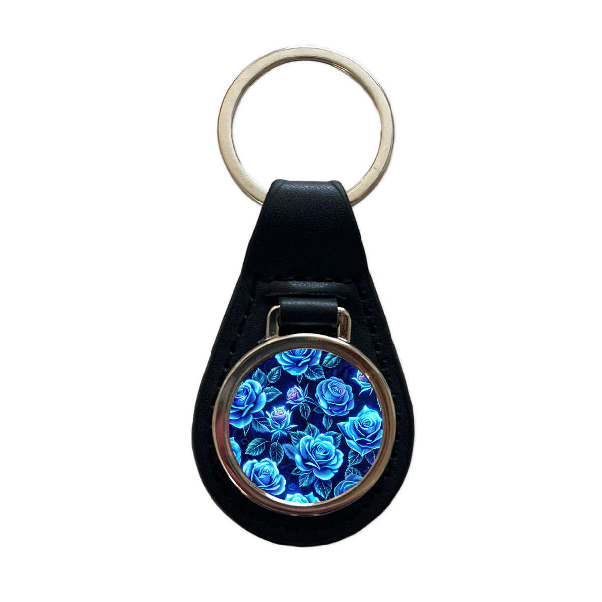 Blue Neon Rose Floral Pattern Black Leather Metal Keychain