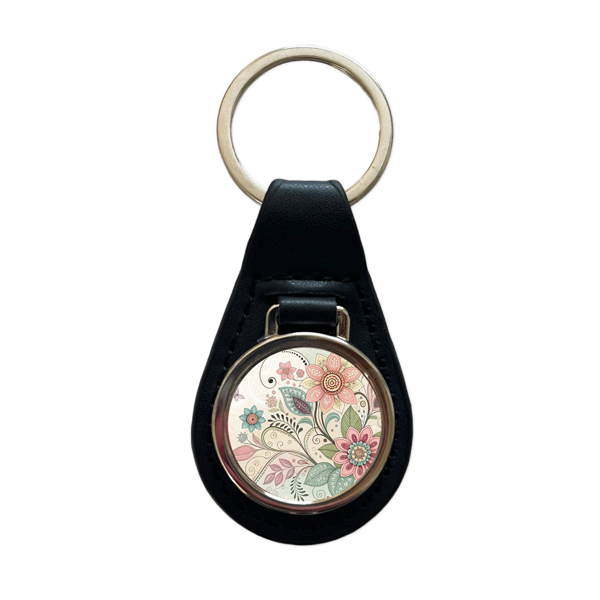 Boho Floral Flowers Leaves Black Leather Metal Keychain