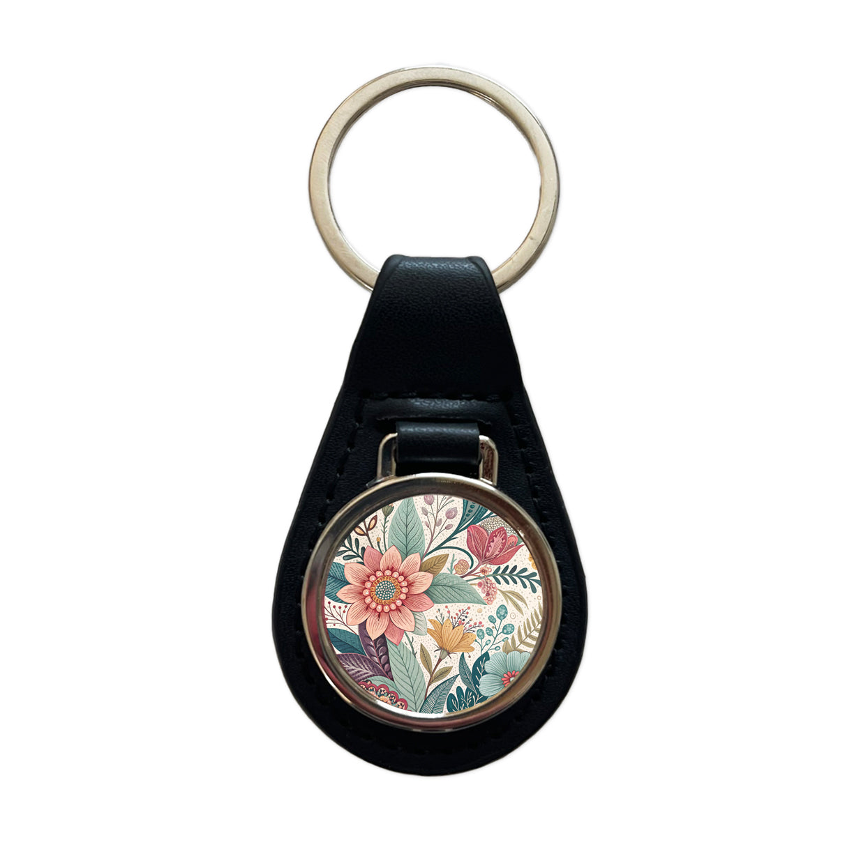 Boho Pastel Floral Pattern Black Leather Metal Keychain