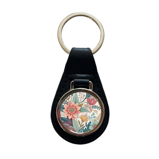 Boho Pastel Floral Pattern Black Leather Metal Keychain
